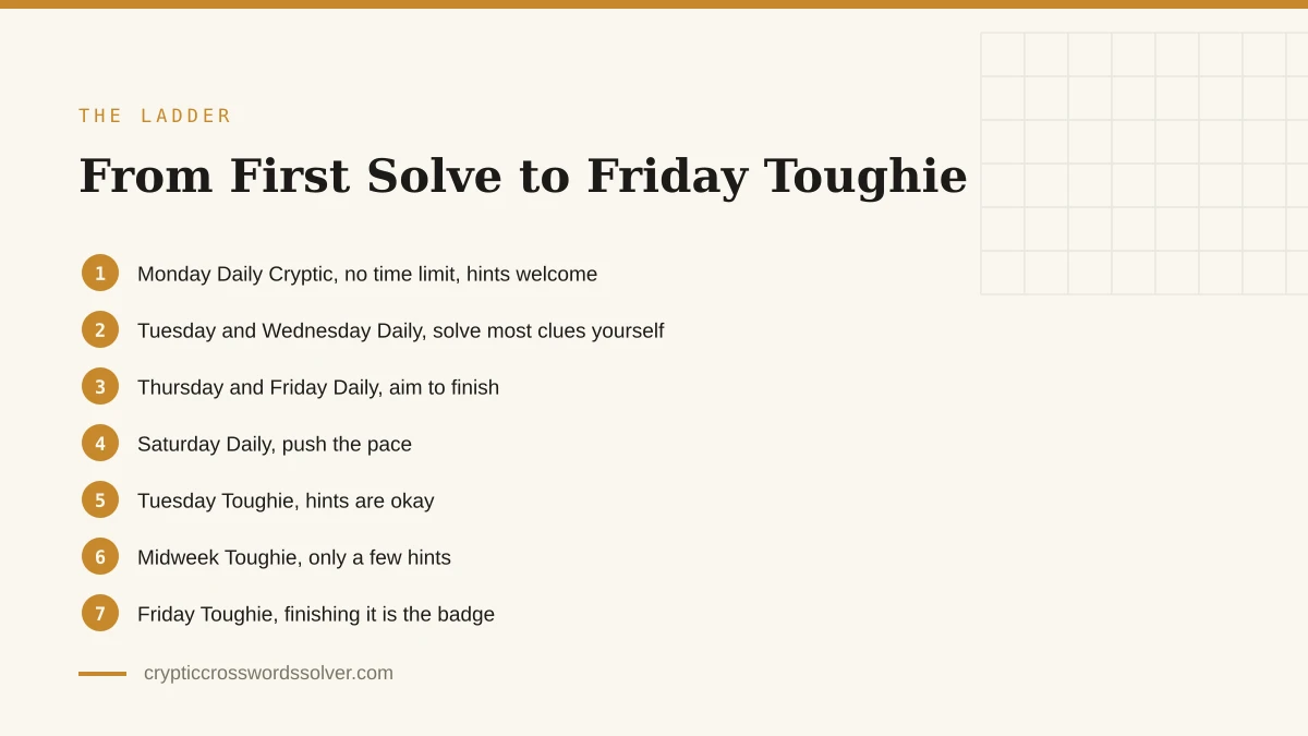 The seven-rung ladder from the Monday Daily Cryptic up to the Friday Toughie, each stage numbered in order