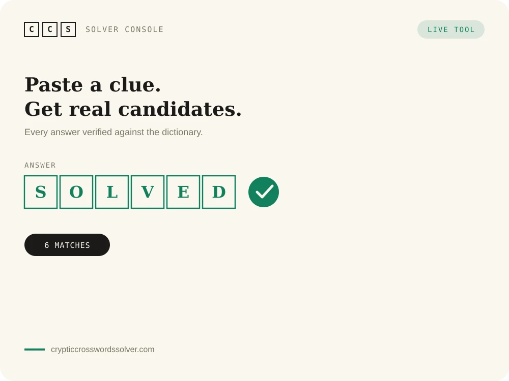 Preview of the Cryptic Crossword Solver console showing the answer SOLVED spelled out in green letter tiles with a check mark and a 6 matches badge